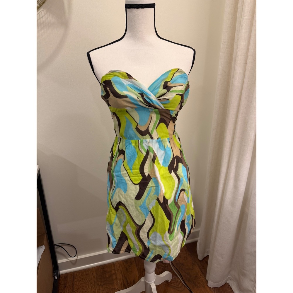 Haven Y2K Strapless Abstract Swirl Long Top Sweetheart Smocked Back Green Blue S